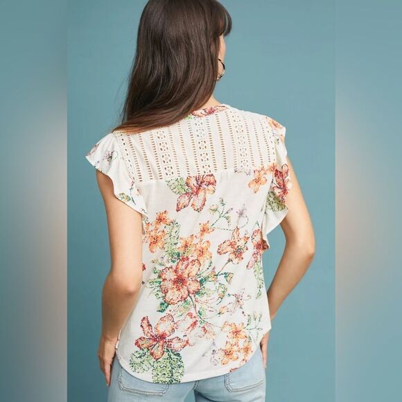 Anthropologie Mauve Large Button Down Kailana Flutter-Sleeve Top Embroidered - Picture 2 of 8